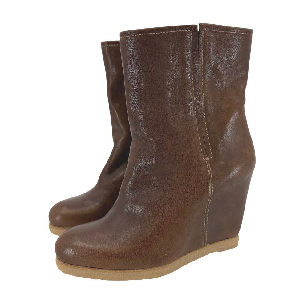 Stuart Weitzman Bootscout Brown Leather Wedge Ankle Boots Womens Size 8